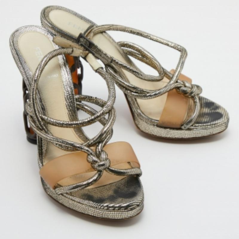 Women's Fendi Metallic Grey Lizard Leather Chain Cage Heel Platform Sandals Size 40 For Sale