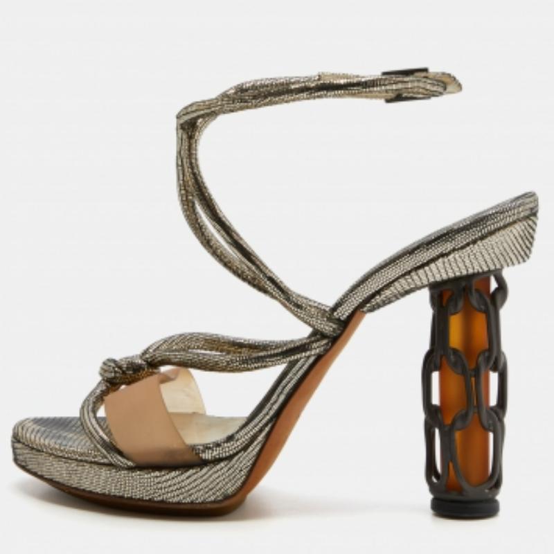 Fendi Metallic Grey Lizard Leather Chain Cage Heel Platform Sandals Size 40 For Sale