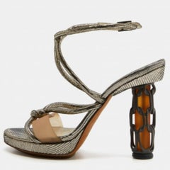 Fendi Metallic Grey Lizard Leather Chain Cage Heel Platform Sandals Size 40
