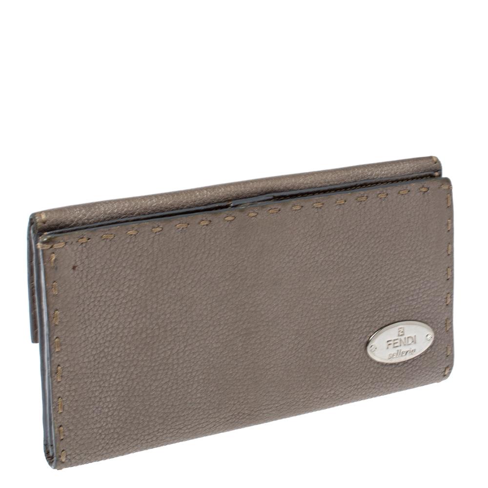 Gray Fendi Metallic Grey Selleria Leather Continental Wallet