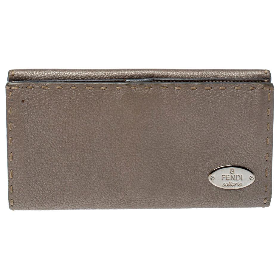 Fendi Metallic Grey Selleria Leather Continental Wallet