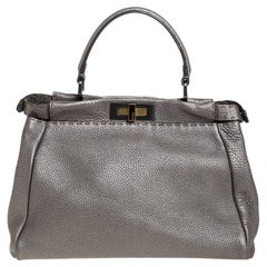 Fendi Metallic Grey Selleria Leather Medium Peekaboo Top Handle Bag