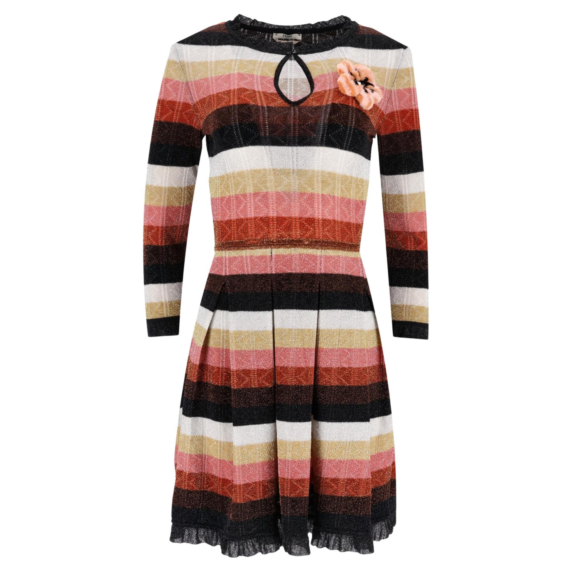 Fendi Metallic Knitted Dress With Mink Fur & Pearl Floral Adornment For Sale