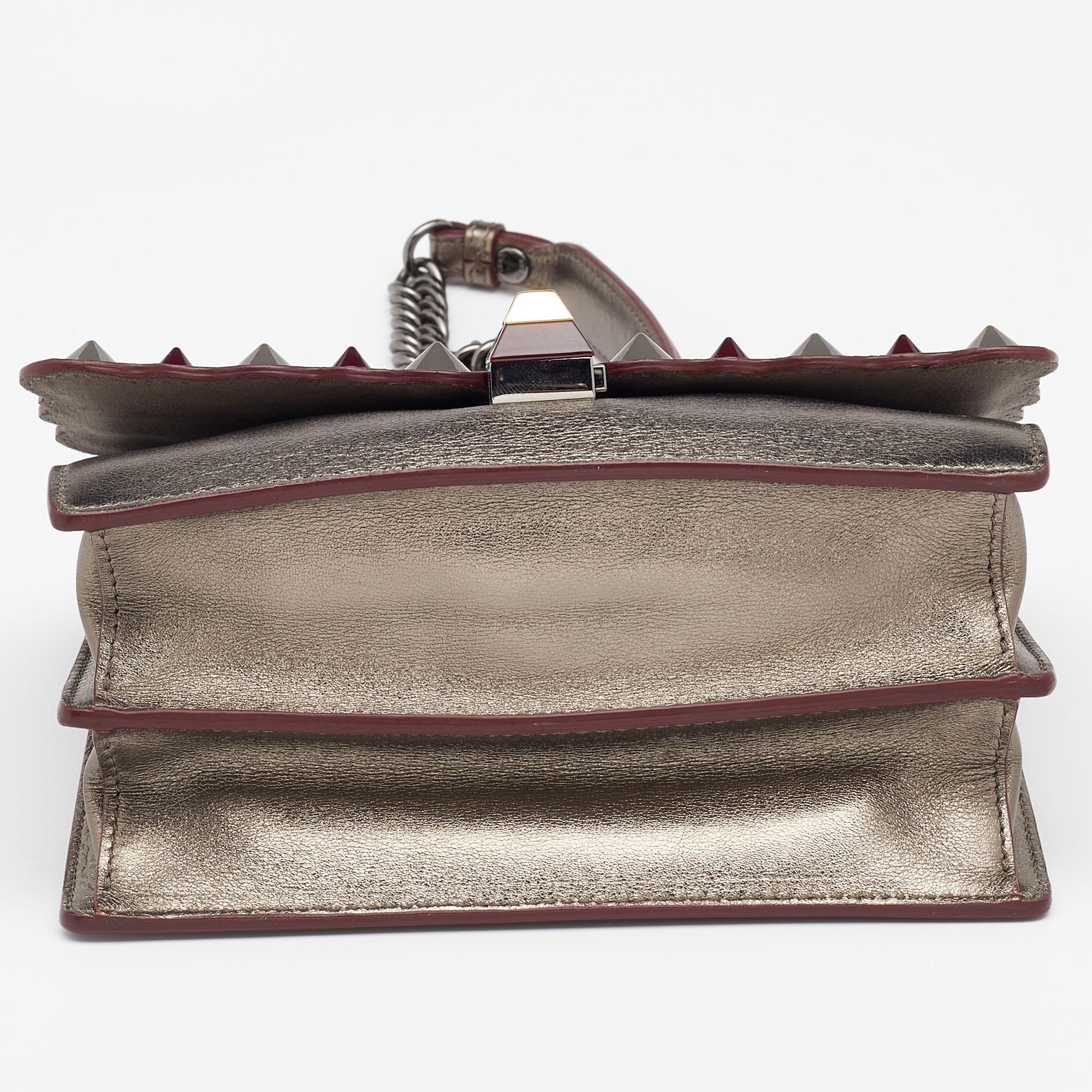 Gray Fendi Metallic Leather Studded Mini Kan I Chain Shoulder Bag