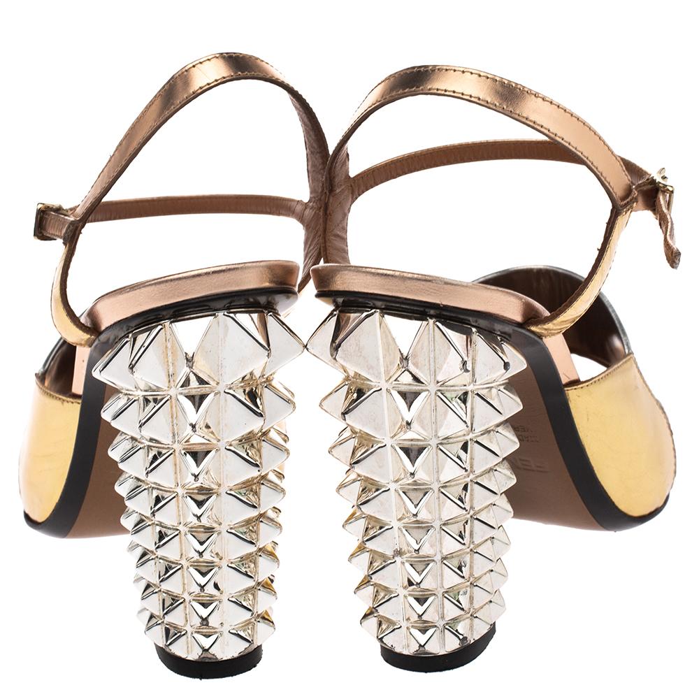 Beige Fendi Metallic Multicolor Leather Polifonia Ankle Strap Sandals Size 37