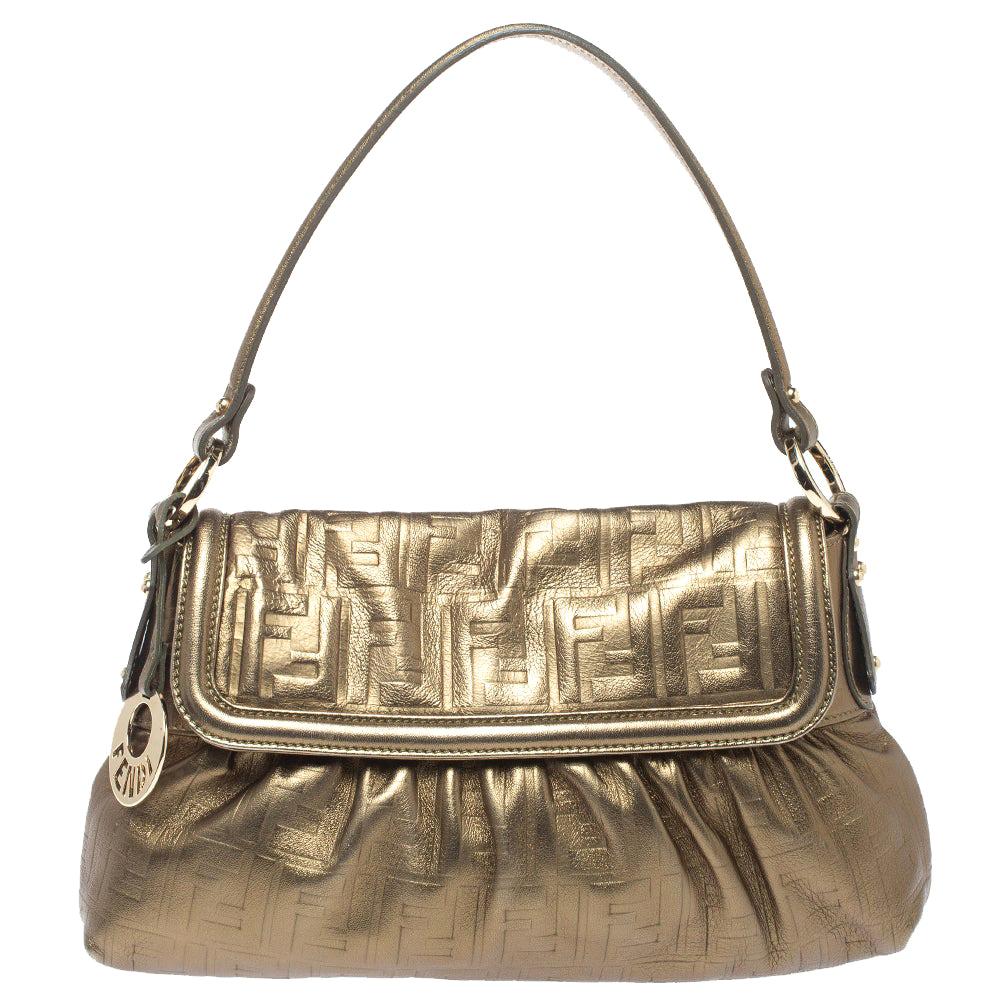 Fendi Metallic Olive Green Zucca Embossed Leather Chef Shoulder Bag