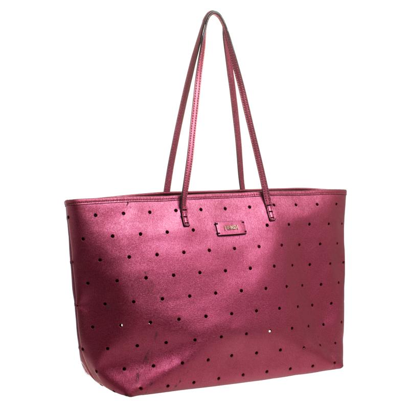 Brown Fendi Metallic Purple Perforated Leather Roll Tote