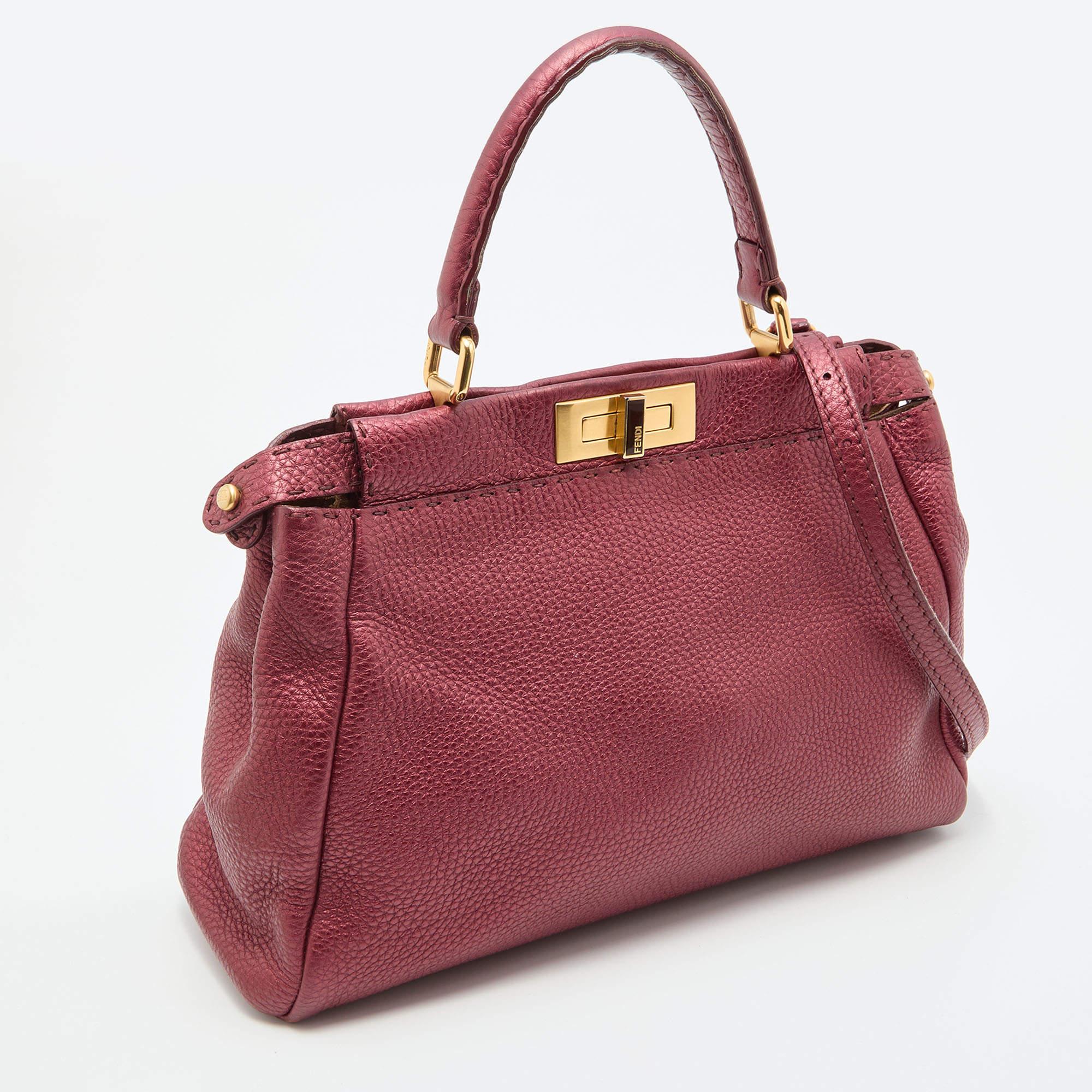 Women's Fendi Metallic Red Leather Sellier Medium Peekaboo Top Handle Bag