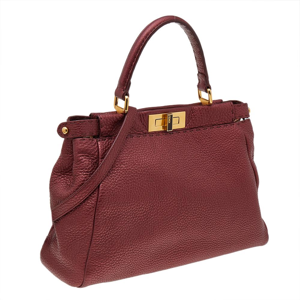 Fendi Metallic Ruby Red Selleria Leather Medium Peekaboo Top Handle Bag In Excellent Condition In Dubai, Al Qouz 2