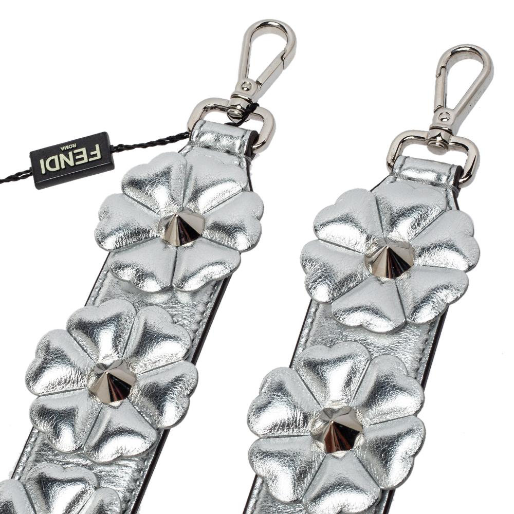 Fendi Metallic Silver Flowerland Leather Strap You Shoulder Bag Strap In New Condition In Dubai, Al Qouz 2