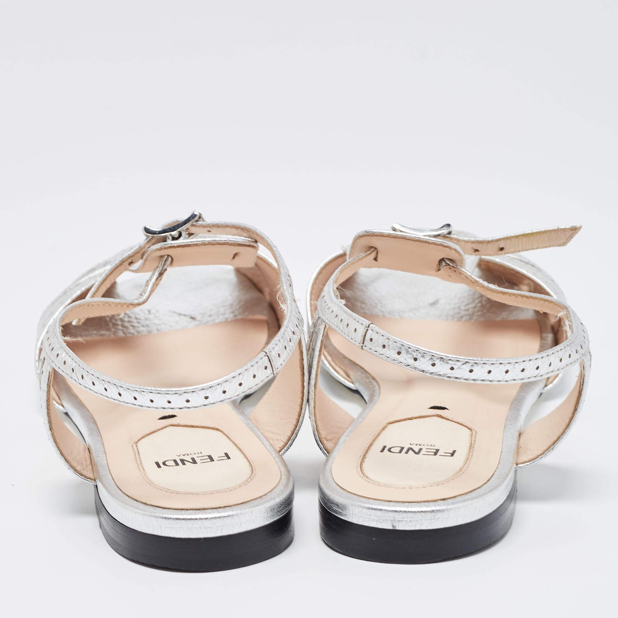 Beige Fendi Metallic Silver Foil Leather Chameleon Ankle Strap Flat Sandals Size 36