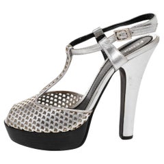 Fendi Metallic Silver Laser-Cut Leather T-Strap Peep Toe Sandals Size 38.5
