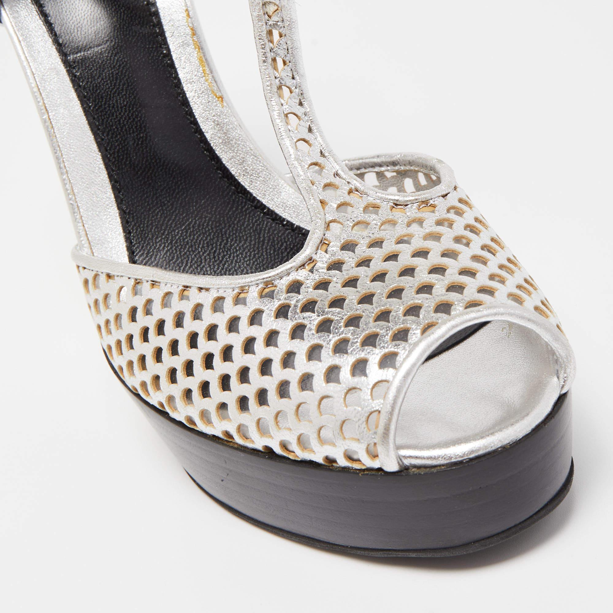 Fendi Metallic Silver Laser Leather T-Strap Peep Toe Platform Sandals Size 40 1