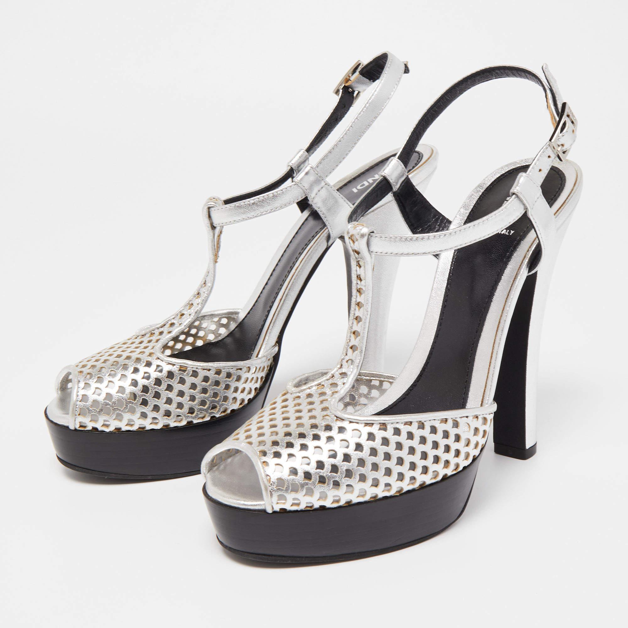Fendi Metallic Silver Laser Leather T-Strap Peep Toe Platform Sandals Size 40 3