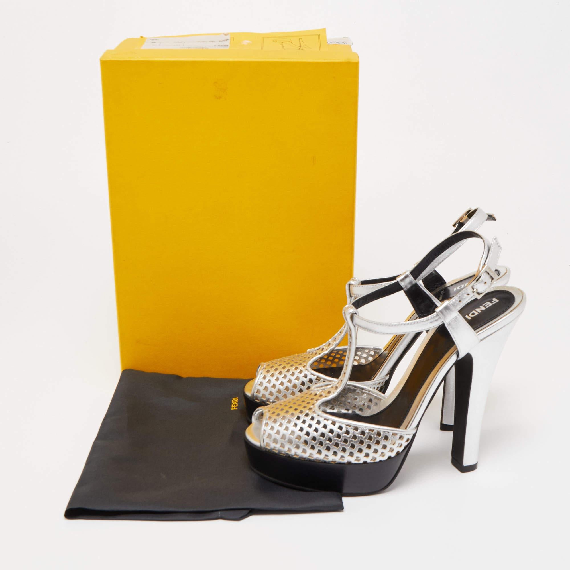 Fendi Metallic Silver Laser Leather T-Strap Peep Toe Platform Sandals Size 40 5