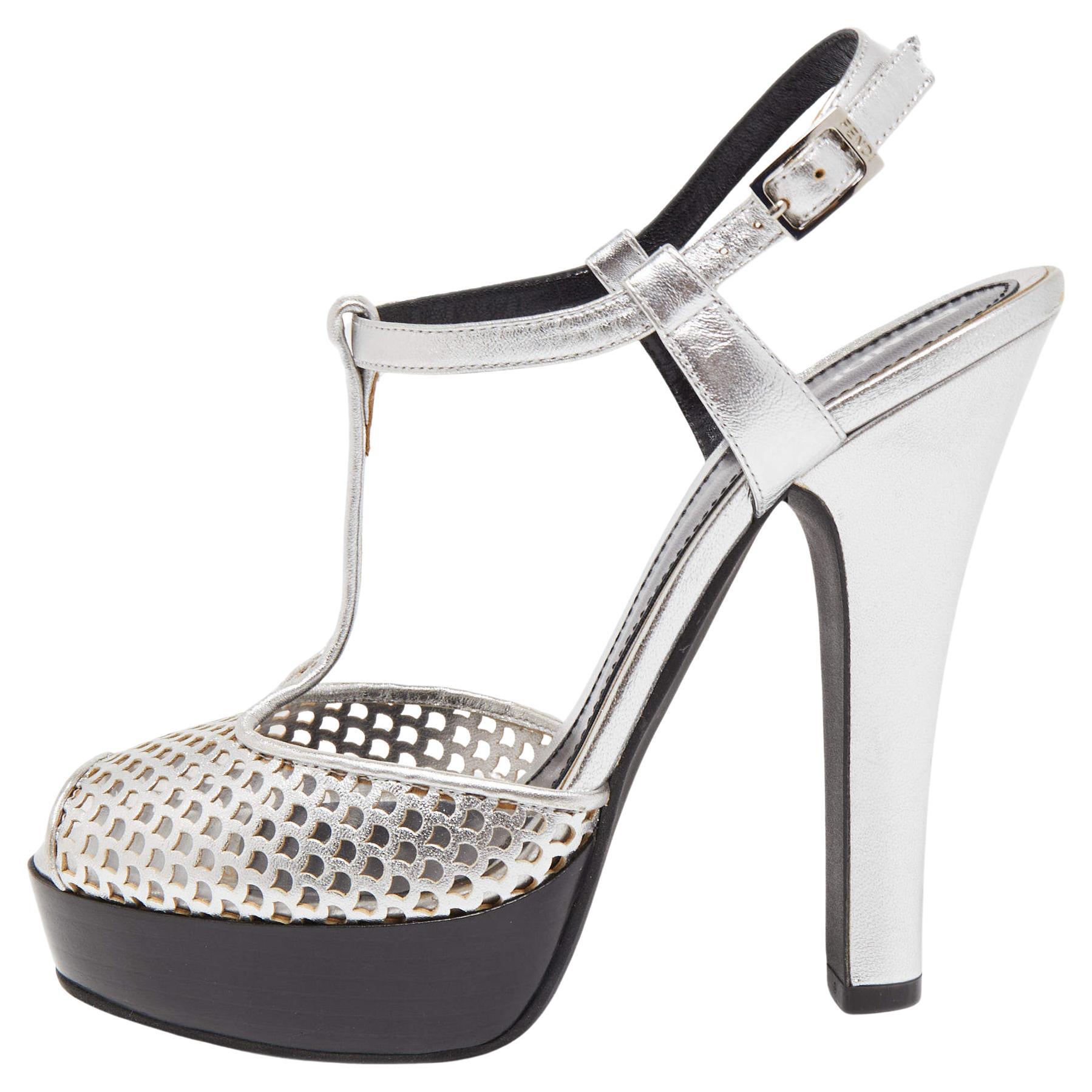 Fendi Metallic Silver Laser Leather T-Strap Peep Toe Platform Sandals Size 40