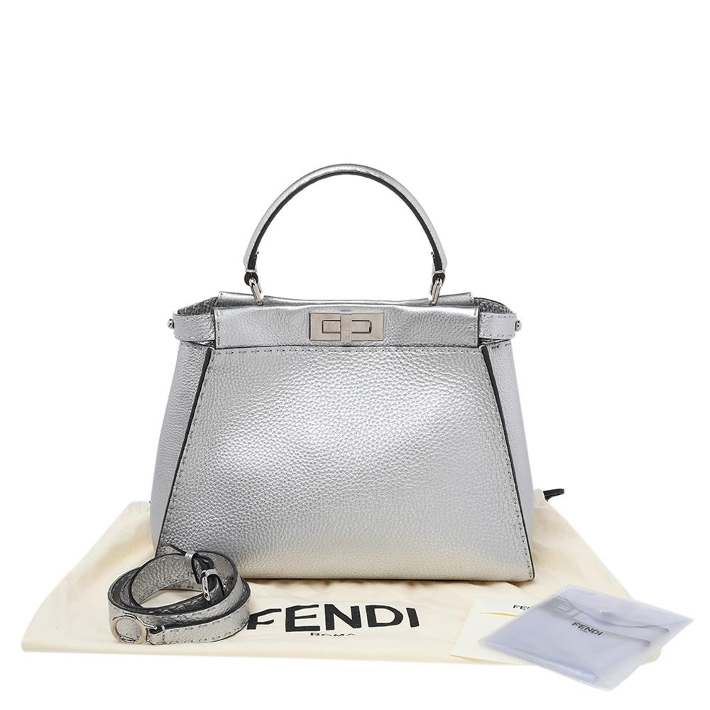 Fendi Metallic Silver Leather Medium Selleria Peekaboo Top Handle Bag 4