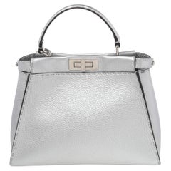 Fendi Metallic Silver Leather Medium Selleria Peekaboo Top Handle Bag