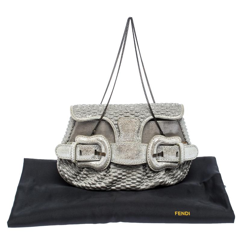 Fendi Metallic Silver Leather Mini B Evening Clutch 7