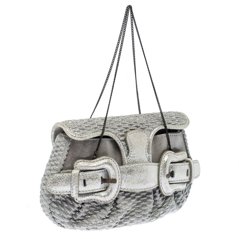 Fendi Metallic Silver Leather Mini B Evening Clutch In Good Condition In Dubai, Al Qouz 2