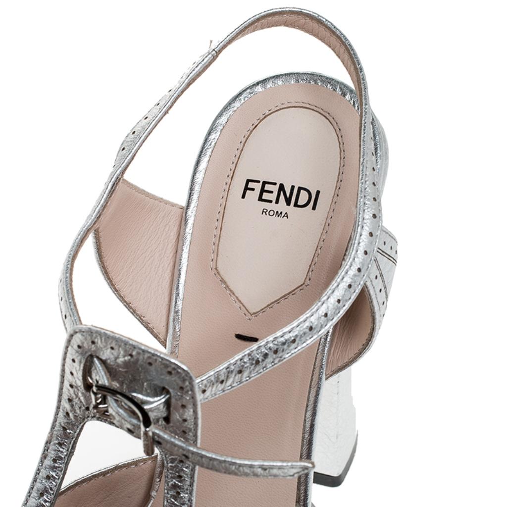Women's Fendi Metallic Silver Leather T-Bar Platform Block Heel Sandals Size 38