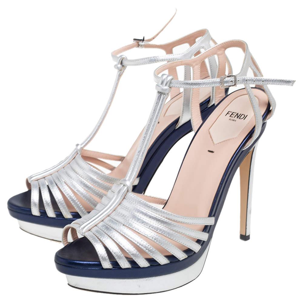 Women's Fendi Metallic Silver Leather T- Strap Platform Sandals Size 38
