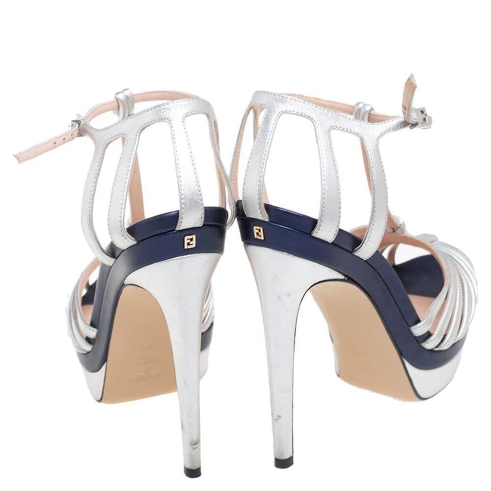 Fendi Metallic Silver Leather T- Strap Platform Sandals Size 38 1