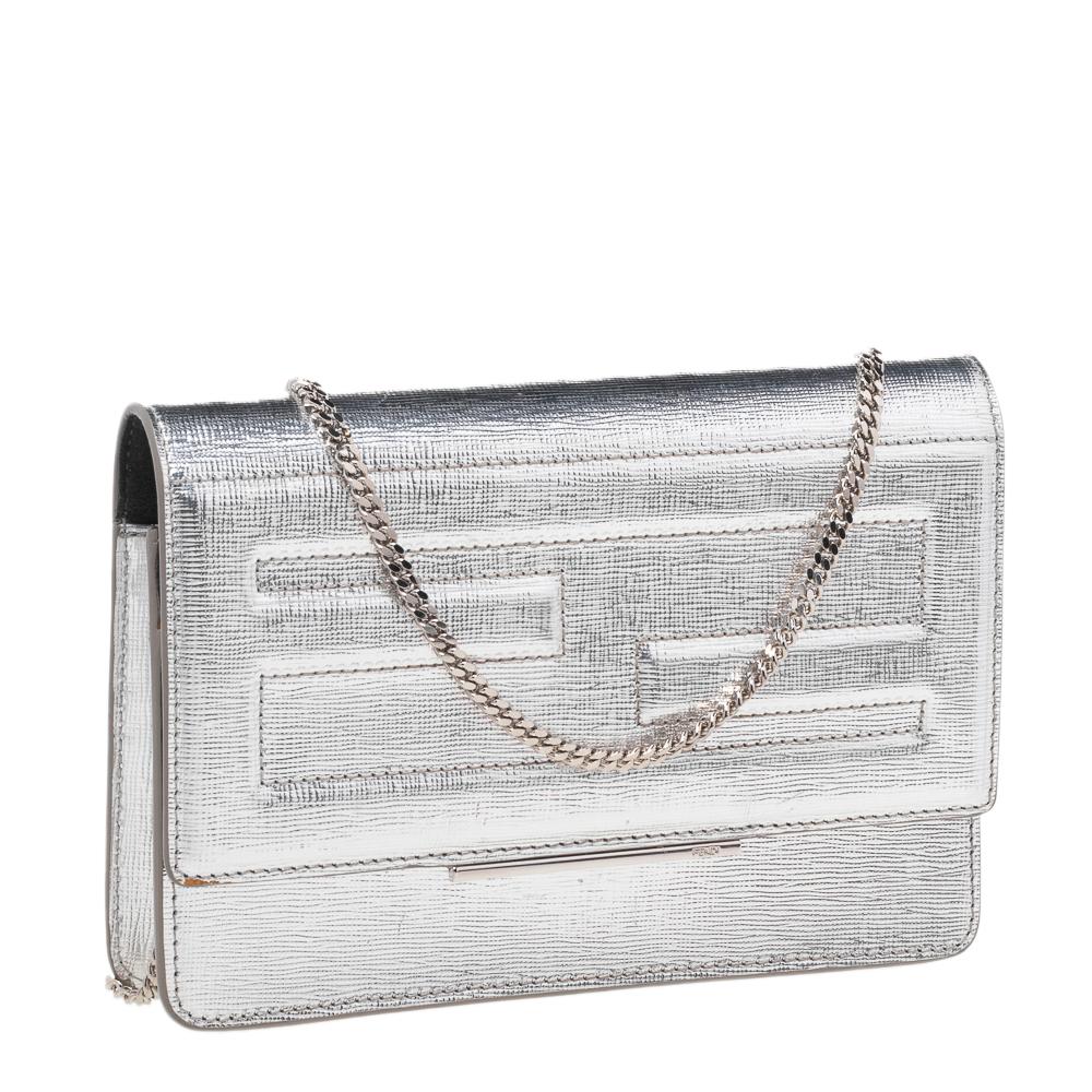 Women's Fendi Metallic Silver Leather Tube Wallet On Chain