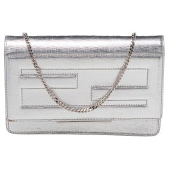 Used Fendi Metallic Silver Leather Tube Wallet On Chain