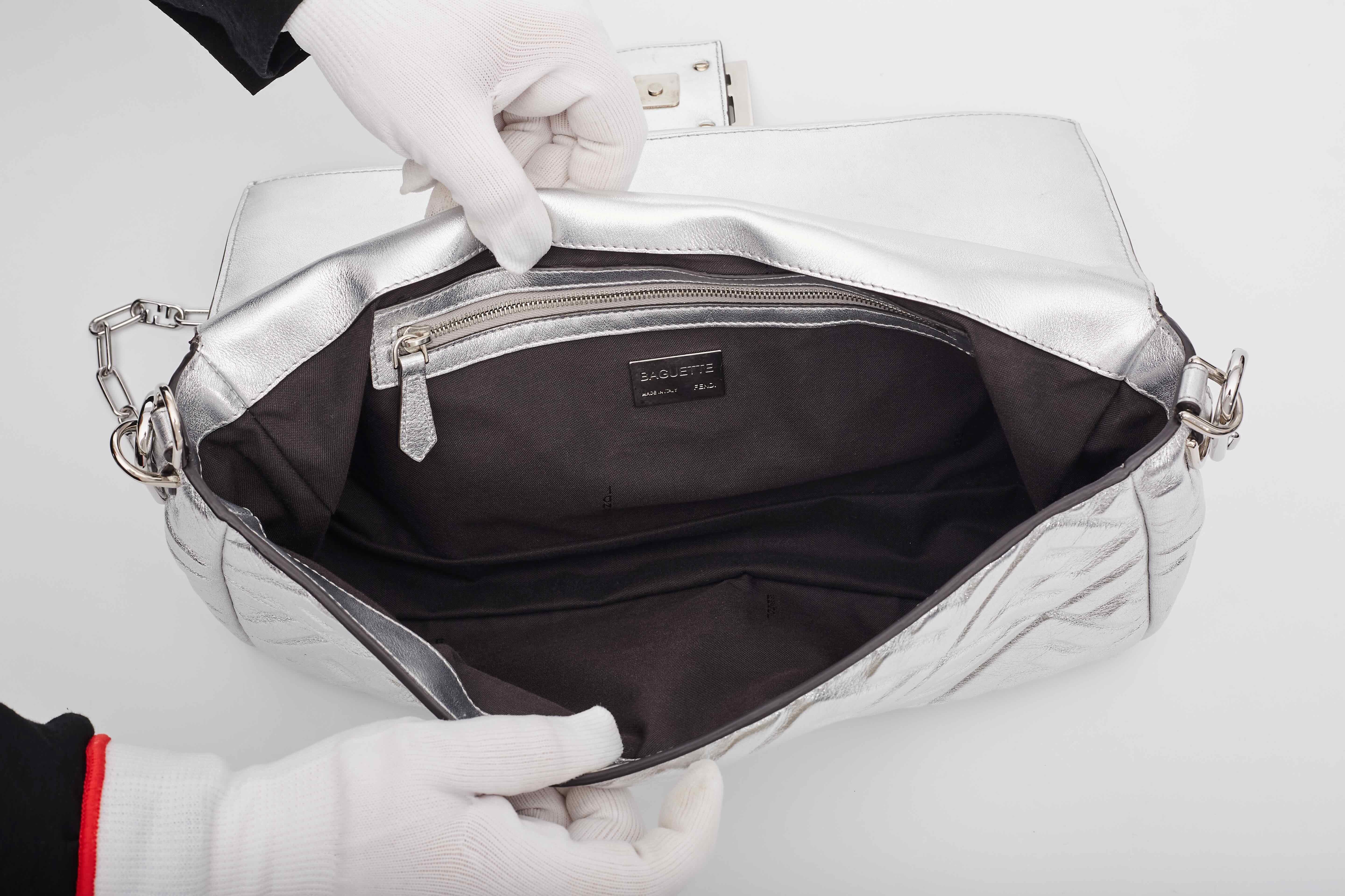 Fendi Metallic Silver Logo Embossed Baguette Bag Large For Sale 5