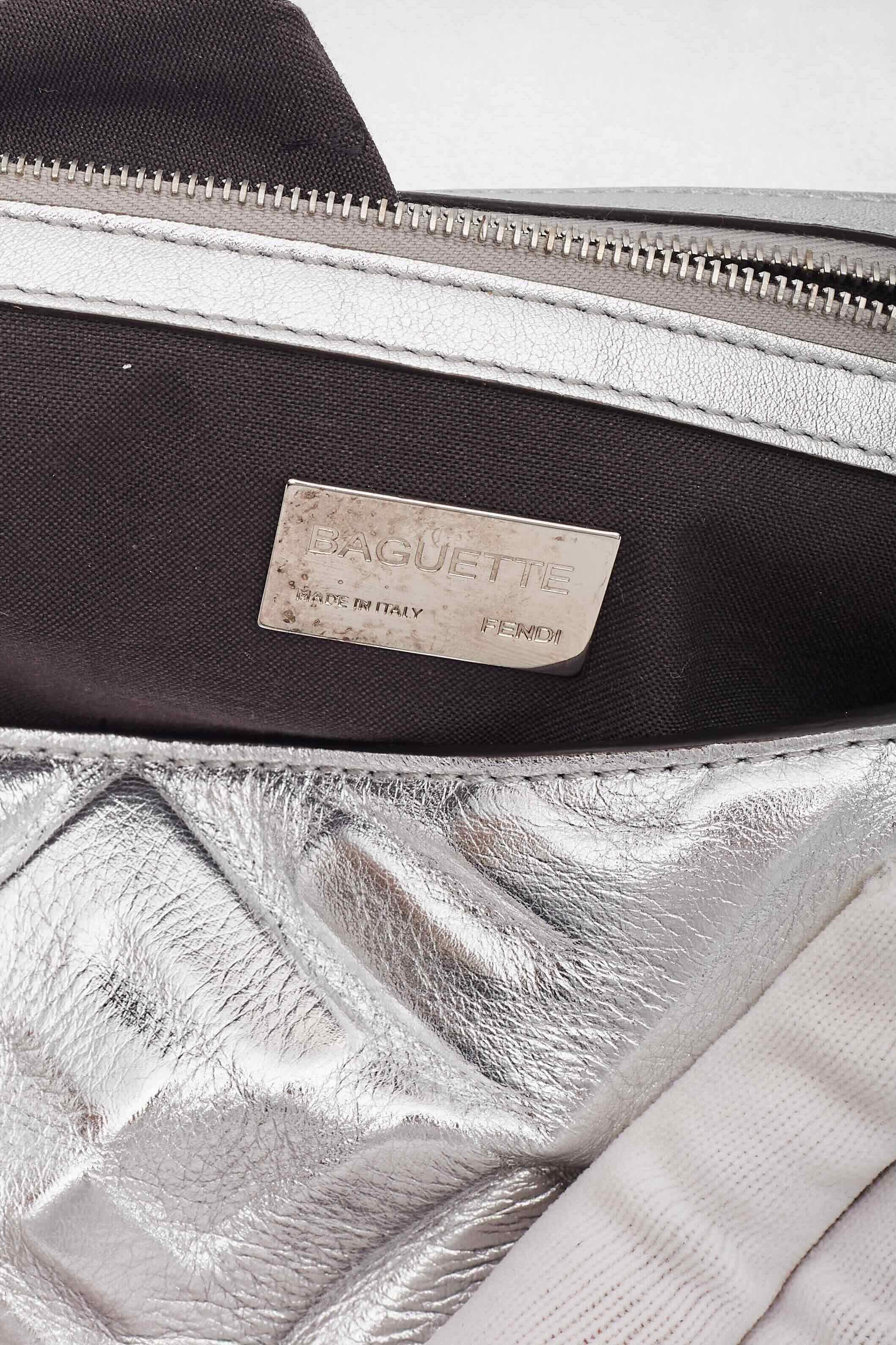 Fendi Metallic Silver Logo Embossed Baguette Bag Large For Sale 6