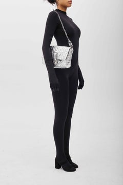 Fendi Metallic Silver Logo Embossed Baguette Bag Large