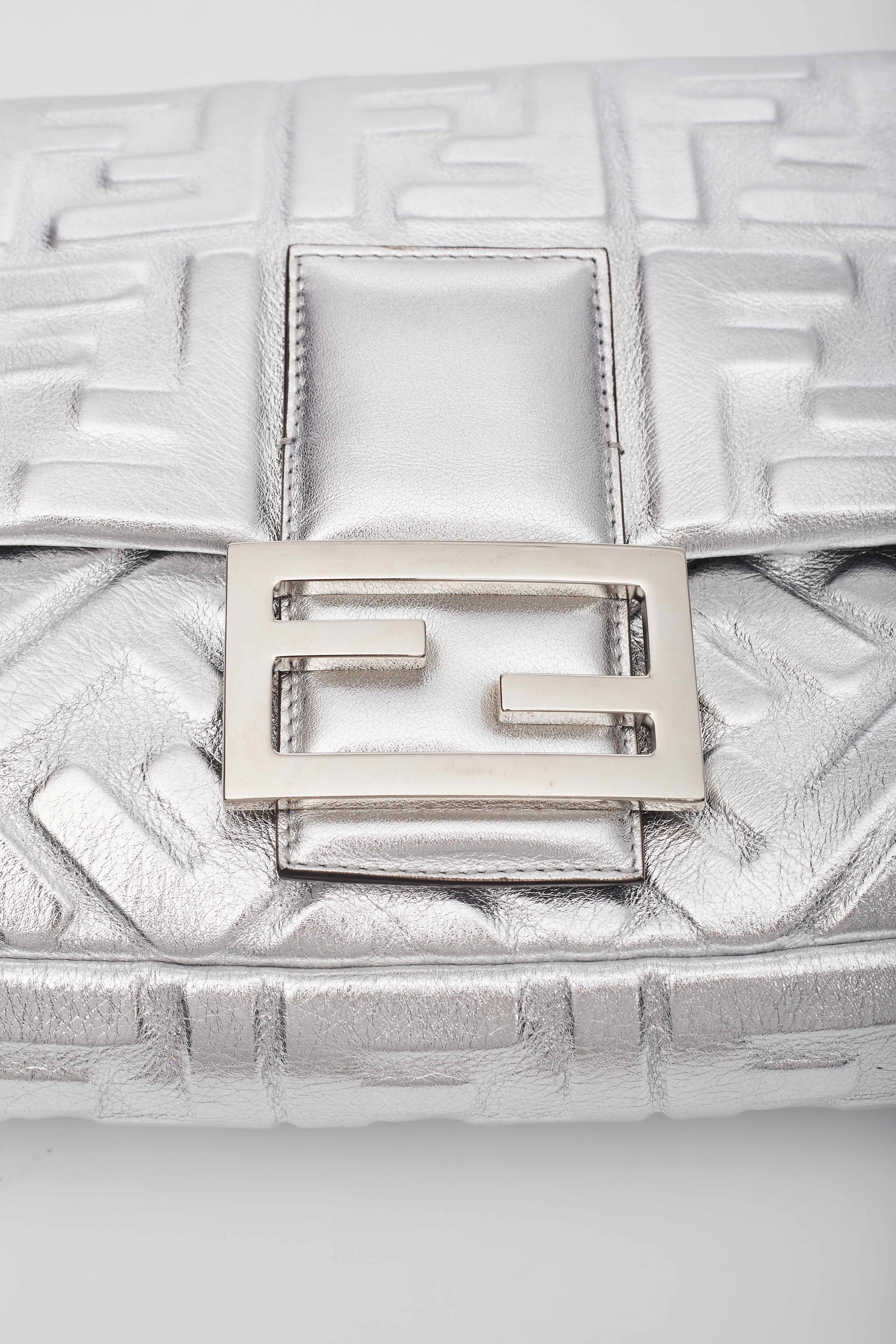 Women's Fendi Metallic Silver Logo Embossed Baguette Bag Large For Sale