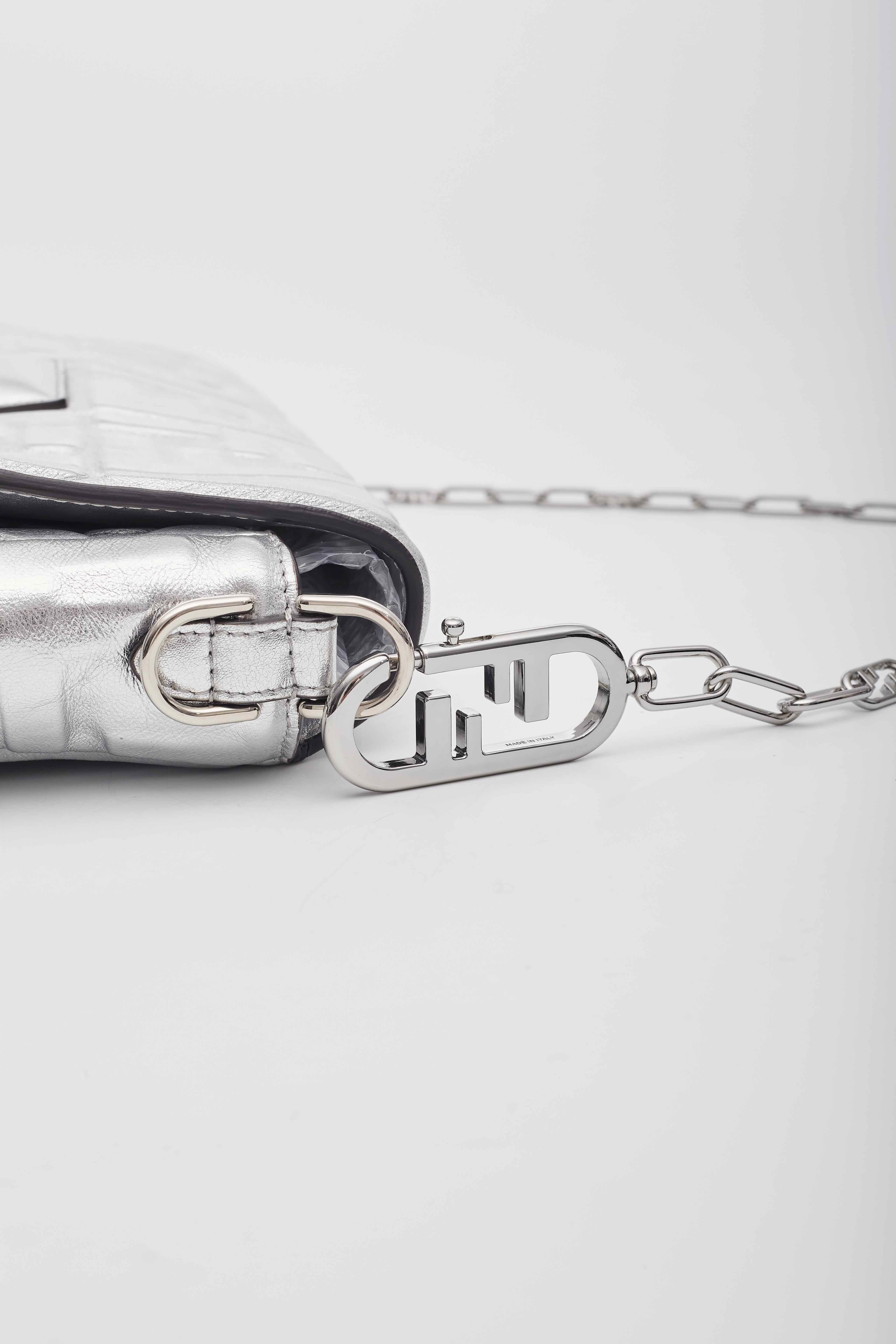 Fendi Metallic Silver Logo Embossed Baguette Bag Large For Sale 2