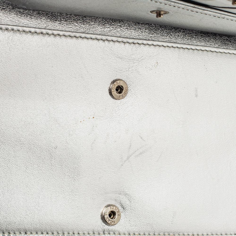 Fendi Metallic Silver Logo Embossed Leather Wallet On Chain 6