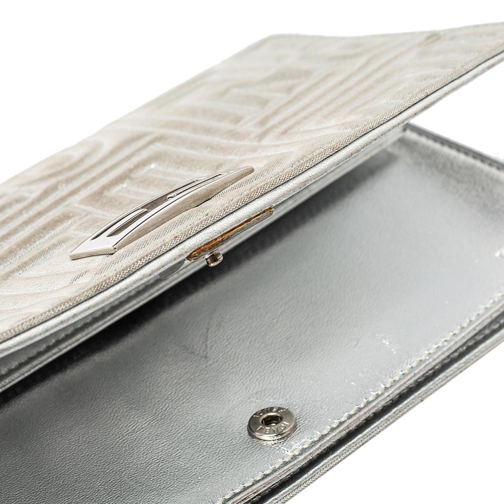 Fendi Metallic Silver Logo Embossed Leather Wallet On Chain 7