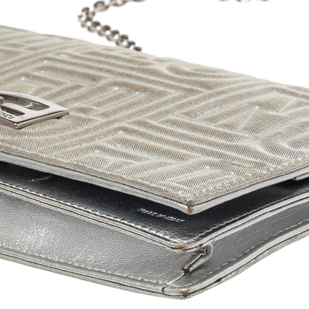 Fendi Metallic Silver Logo Embossed Leather Wallet On Chain 8