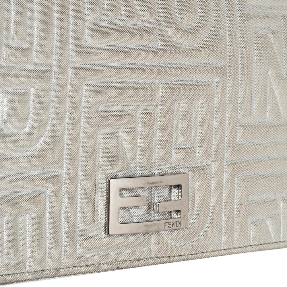 Fendi Metallic Silver Logo Embossed Leather Wallet On Chain 9