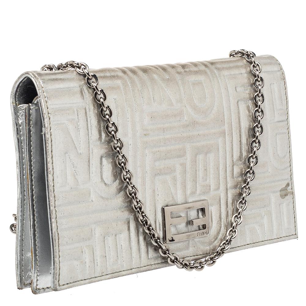 Fendi Metallic Silver Logo Embossed Leather Wallet On Chain In Fair Condition In Dubai, Al Qouz 2