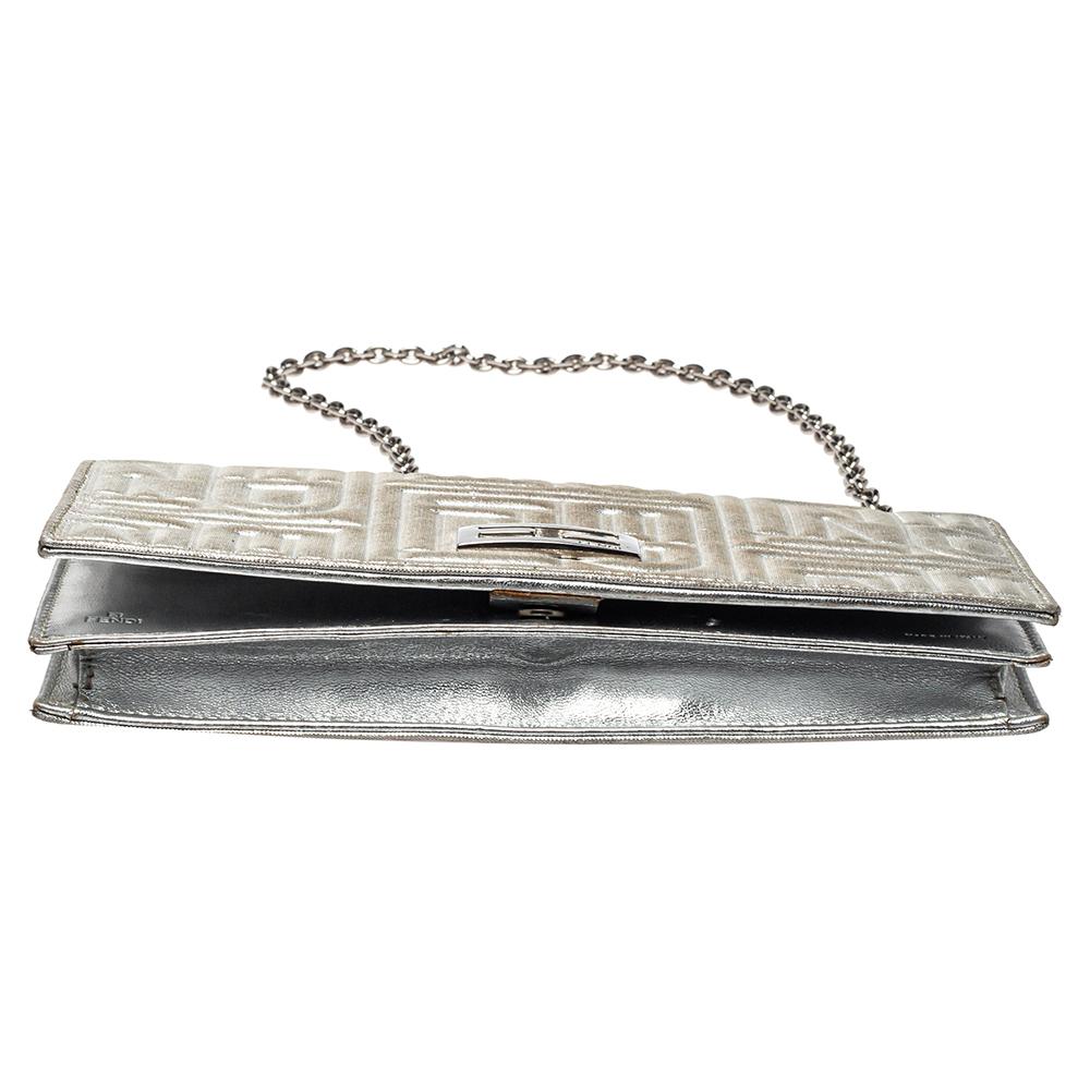 Women's Fendi Metallic Silver Logo Embossed Leather Wallet On Chain