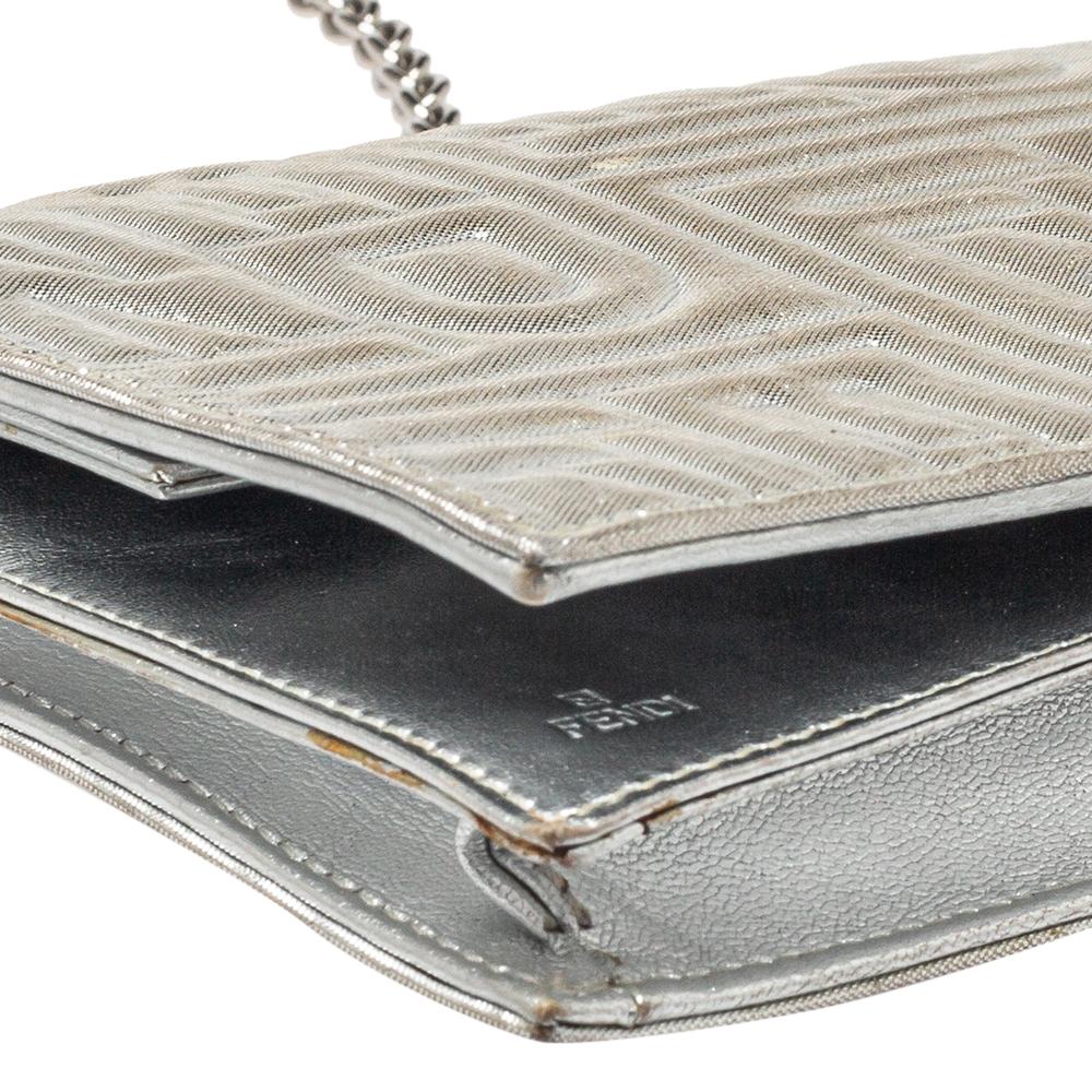 Fendi Metallic Silver Logo Embossed Leather Wallet On Chain 1
