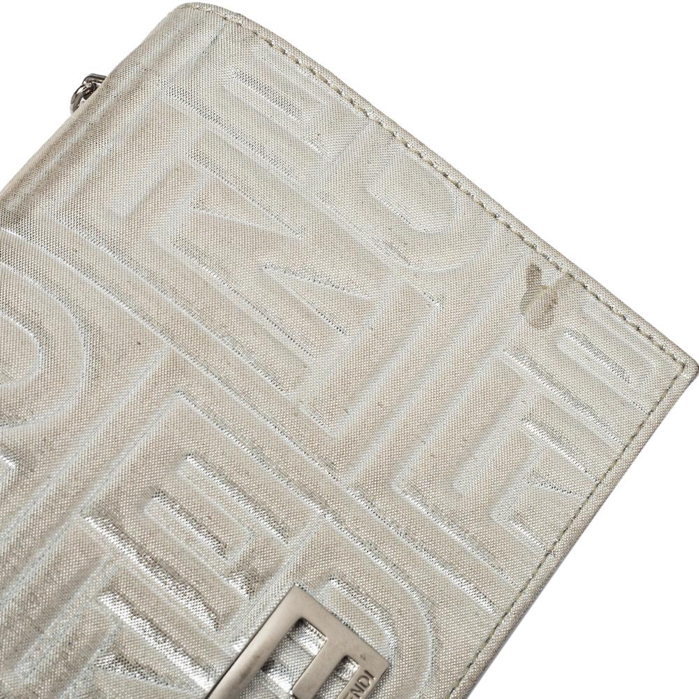 Fendi Metallic Silver Logo Embossed Leather Wallet On Chain 2