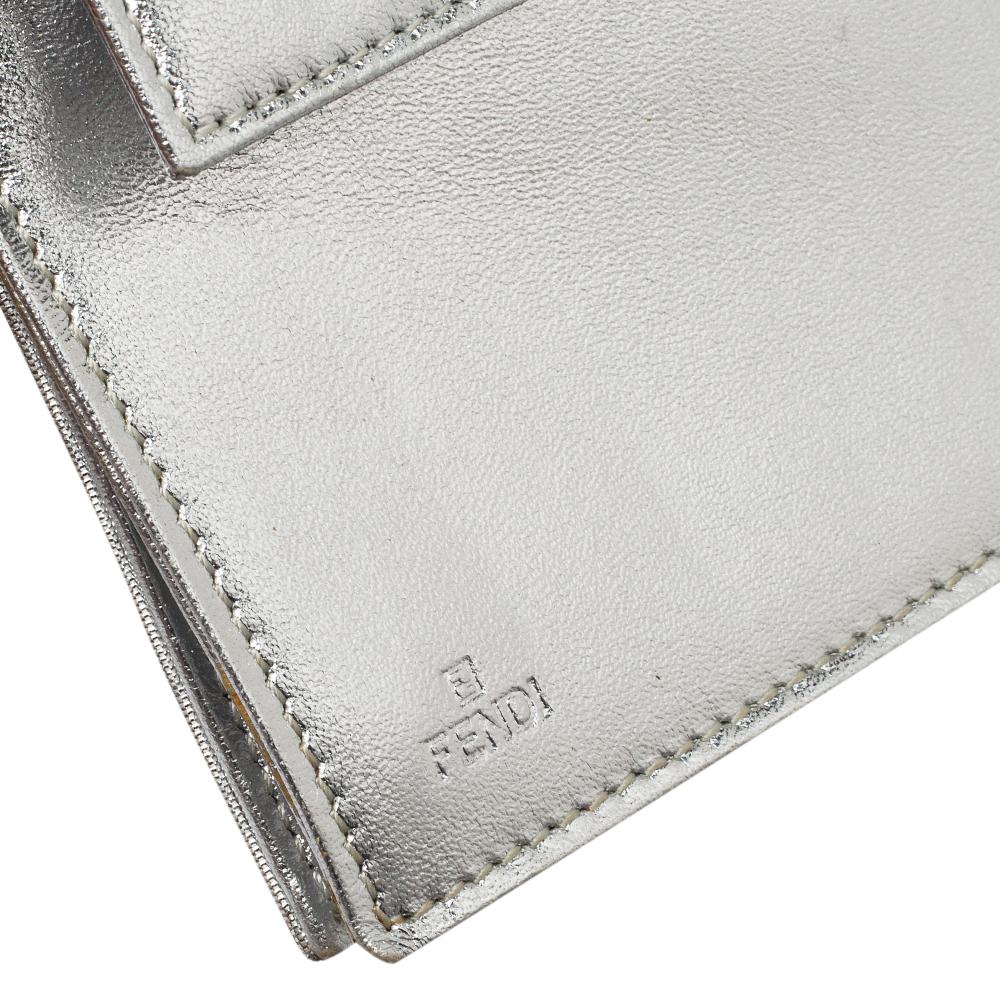 Fendi Metallic Silver Logo Embossed Leather Wallet On Chain 4