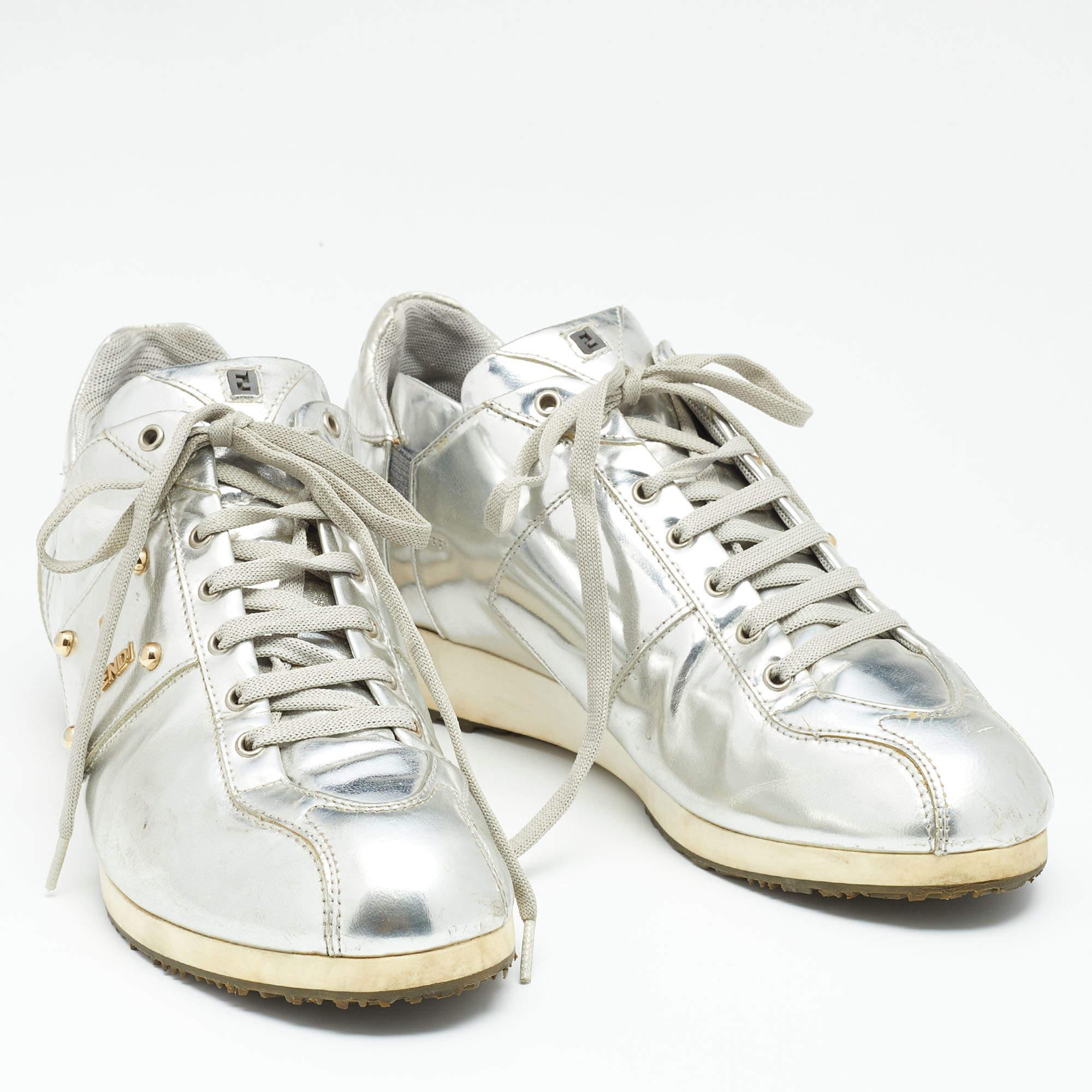 Women's Fendi Metallic Silver Patent Leather Low Top Sneakers Size 38