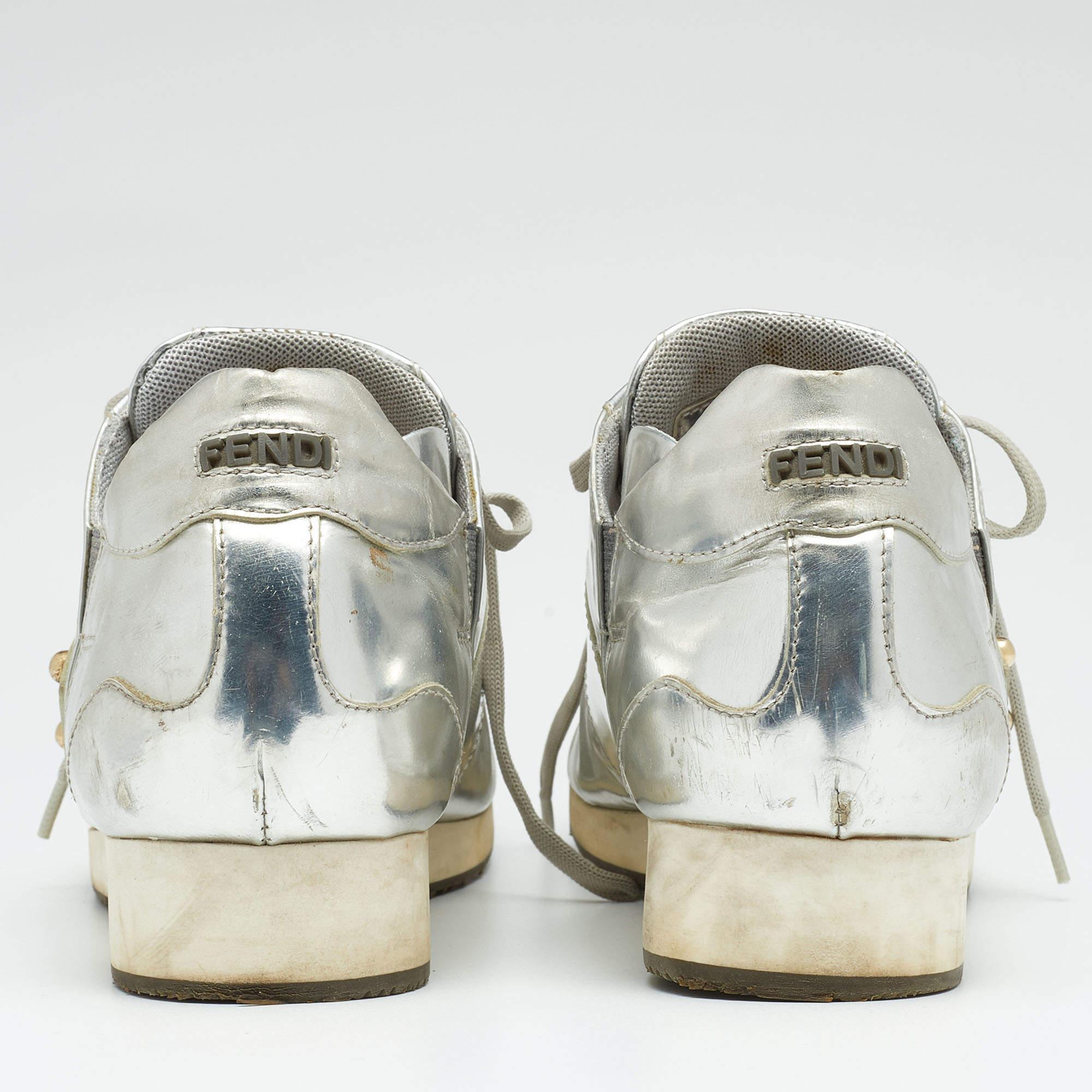 Fendi Metallic Silver Patent Leather Low Top Sneakers Size 38 1