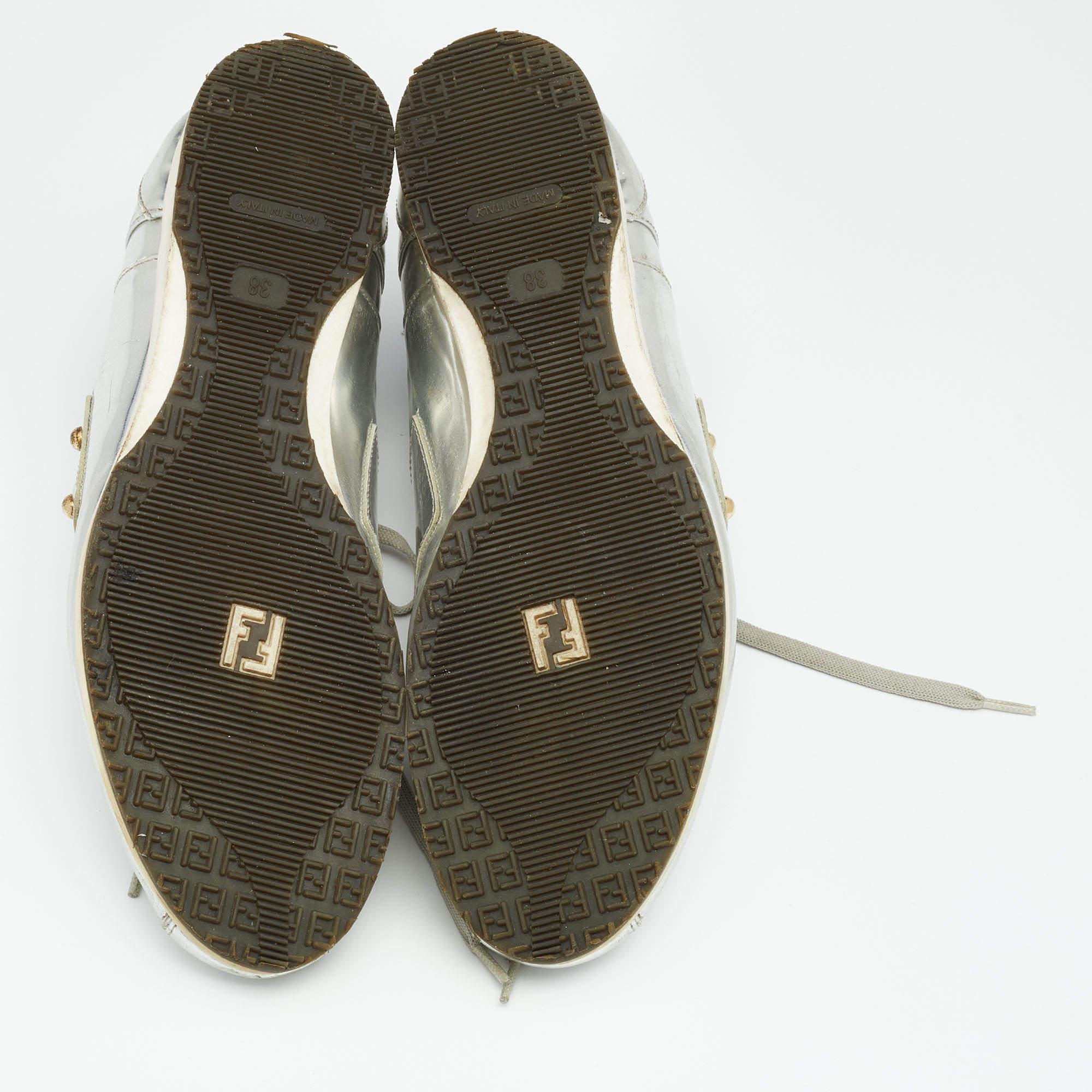 Fendi Metallic Silver Patent Leather Low Top Sneakers Size 38 2