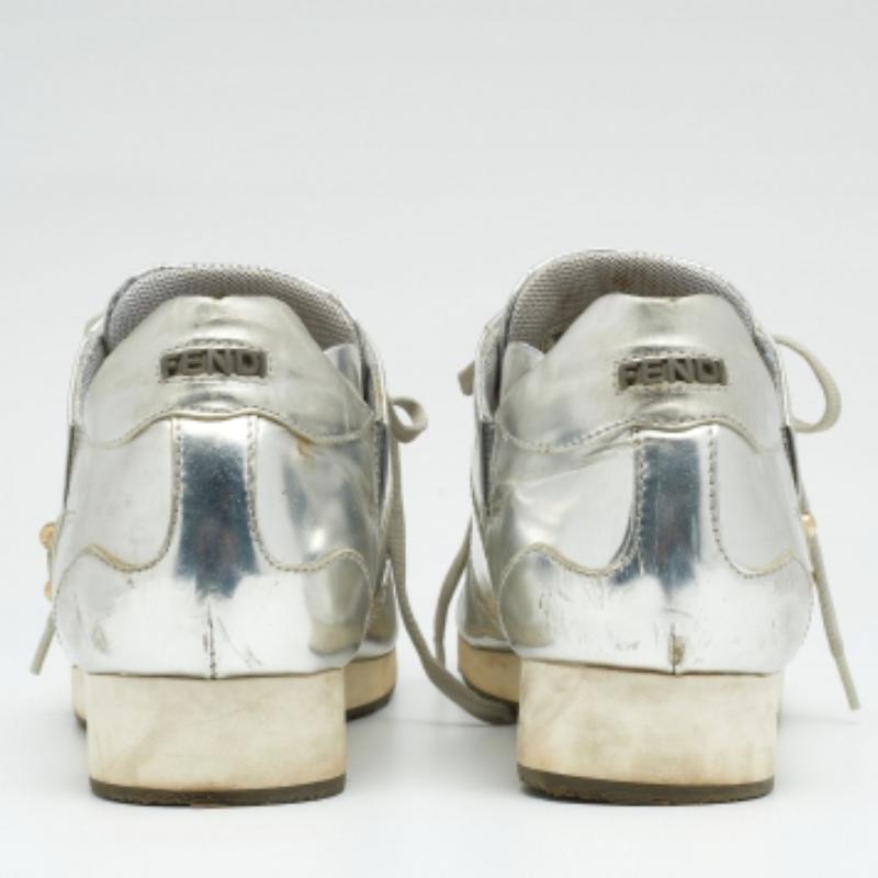 Fendi Metallic Silver Patent Leather Low Top Sneakers Size 38 For Sale 2