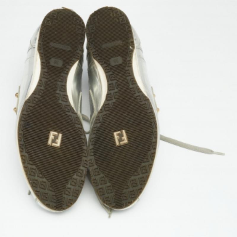 Fendi Metallic Silver Patent Leather Low Top Sneakers Size 38 For Sale 3