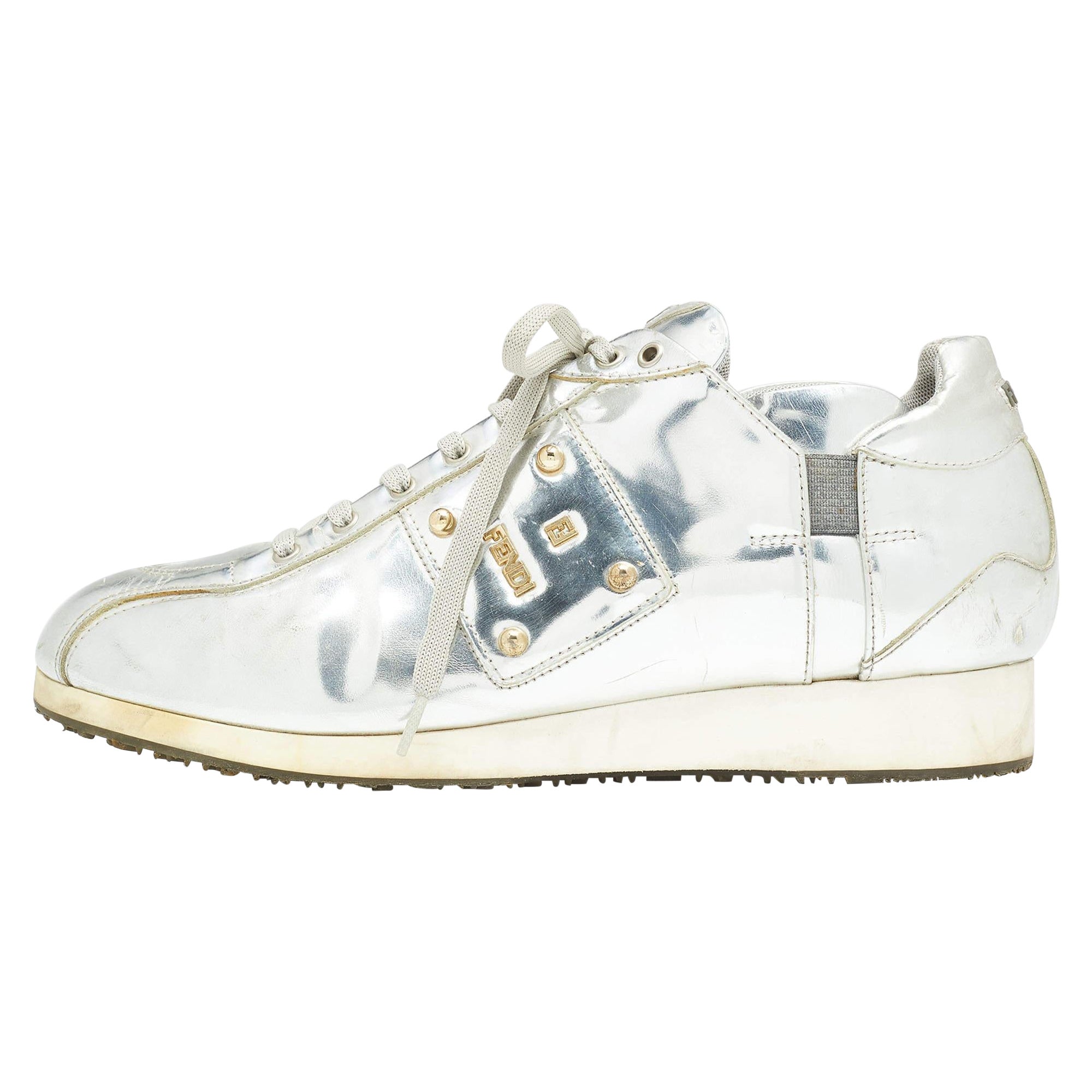 Fendi Metallic Silver Patent Leather Low Top Sneakers Size 38