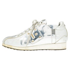 Fendi Metallic Silver Patent Leather Low Top Sneakers Size 38